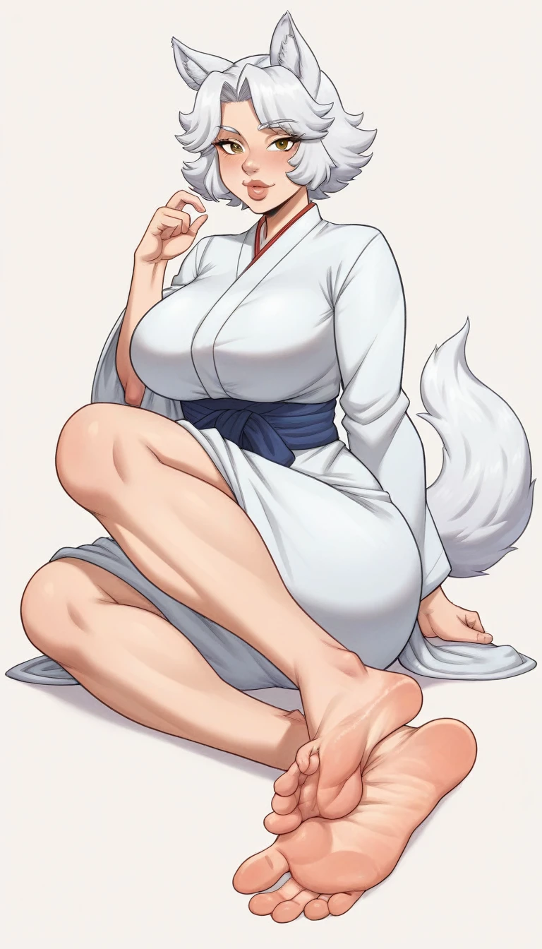 high detail, super detail, super high resolution. Extremely sexy and beautiful girl, with a beautiful face, delicate face, Beautiful lips, atl blanca, curvy body, hermosos ats y muslos, White hair, white wolf ears and wolf tail, low-cut japanese dress. sitting, mostrando atrnas, mostrando los ats, showing soles. barefoot, ats en cámara, big breasts, correct at anatomy, anatomía de los ats, sexy at, ats apuntando al espectador, at, soles, Detailed feet, correct at anatomy, soles, seated.