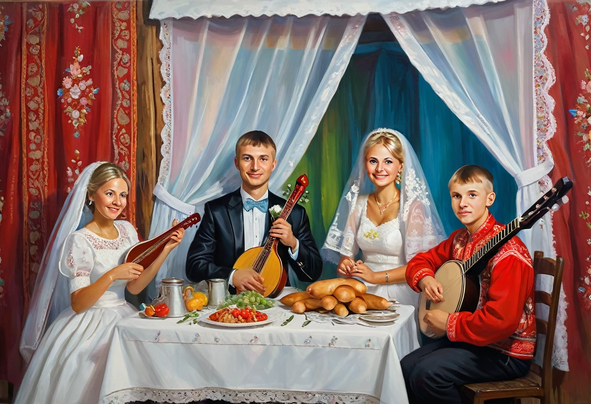 village wedding, young newlyweds sitting at the table in the centre, bride and groom in Russian clothes, Russian cooker in the background, two children looking out from behind the curtain, musicians playing balalaika and flute in front of the table, guests dancing, acrylic paints (medium), traditional means of image