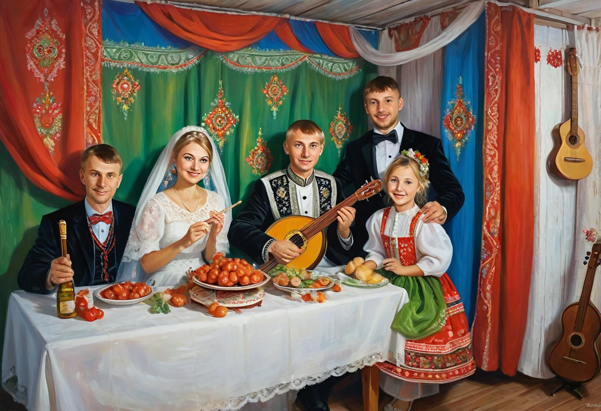 village wedding, young newlyweds sitting at the table in the centre, bride and groom in Russian clothes, Russian cooker in the background, two ren looking out from behind the curtain, musicians playing balalaika and flute in front of the table, guests dancing, acrylic paints (medium), traditional means of image