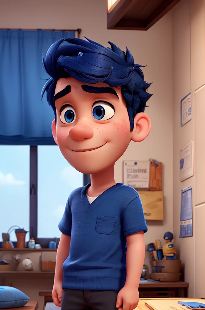 create an image with bored boy dark blue hair pixar style