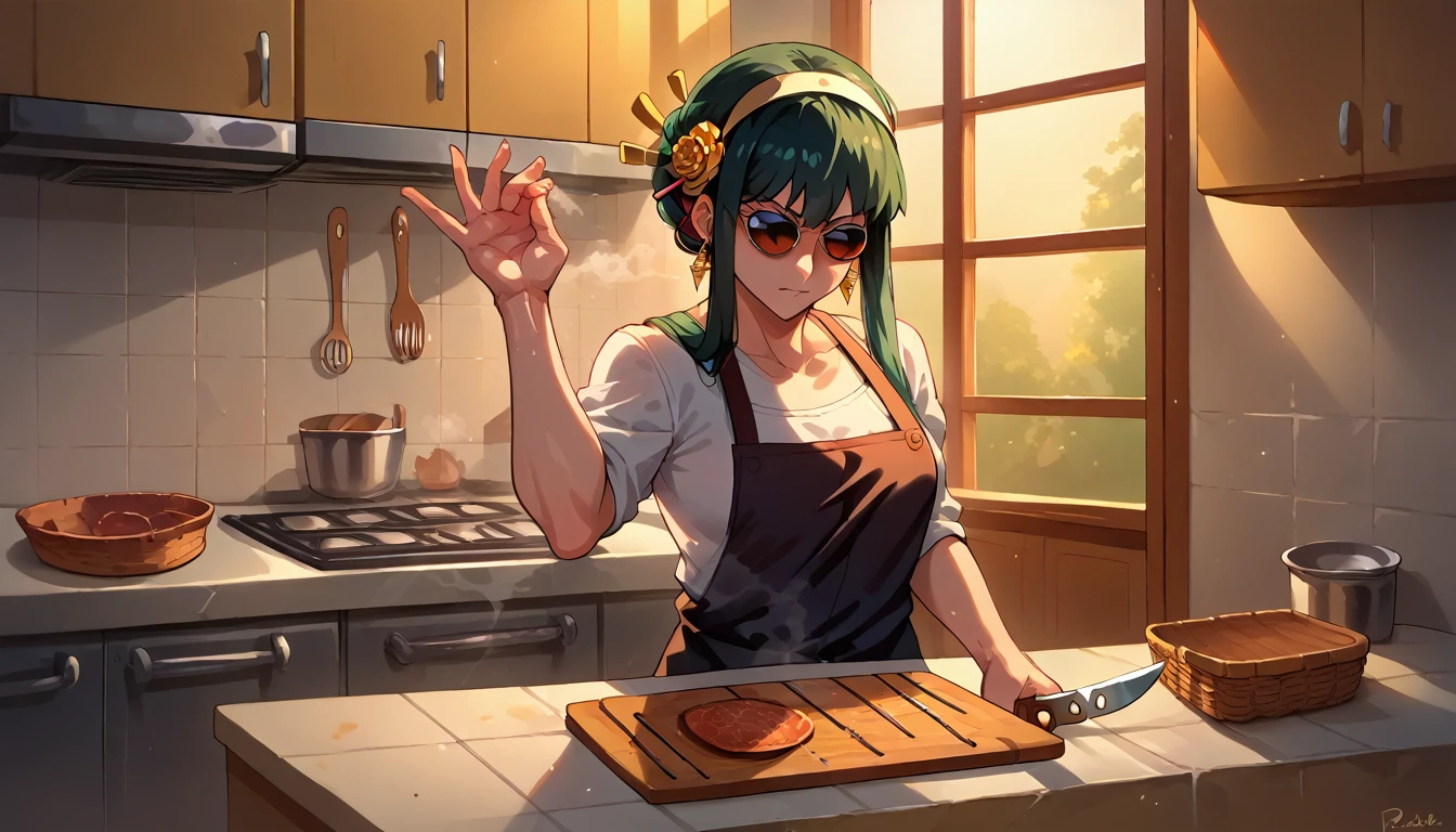 score_9, score_8_up, source_anime, saltbaememe, salt, sunglasses, kitchen, kitchen knife, flesh, 1girl, yor briar, casual, rotten flesh, steam, (yamato)