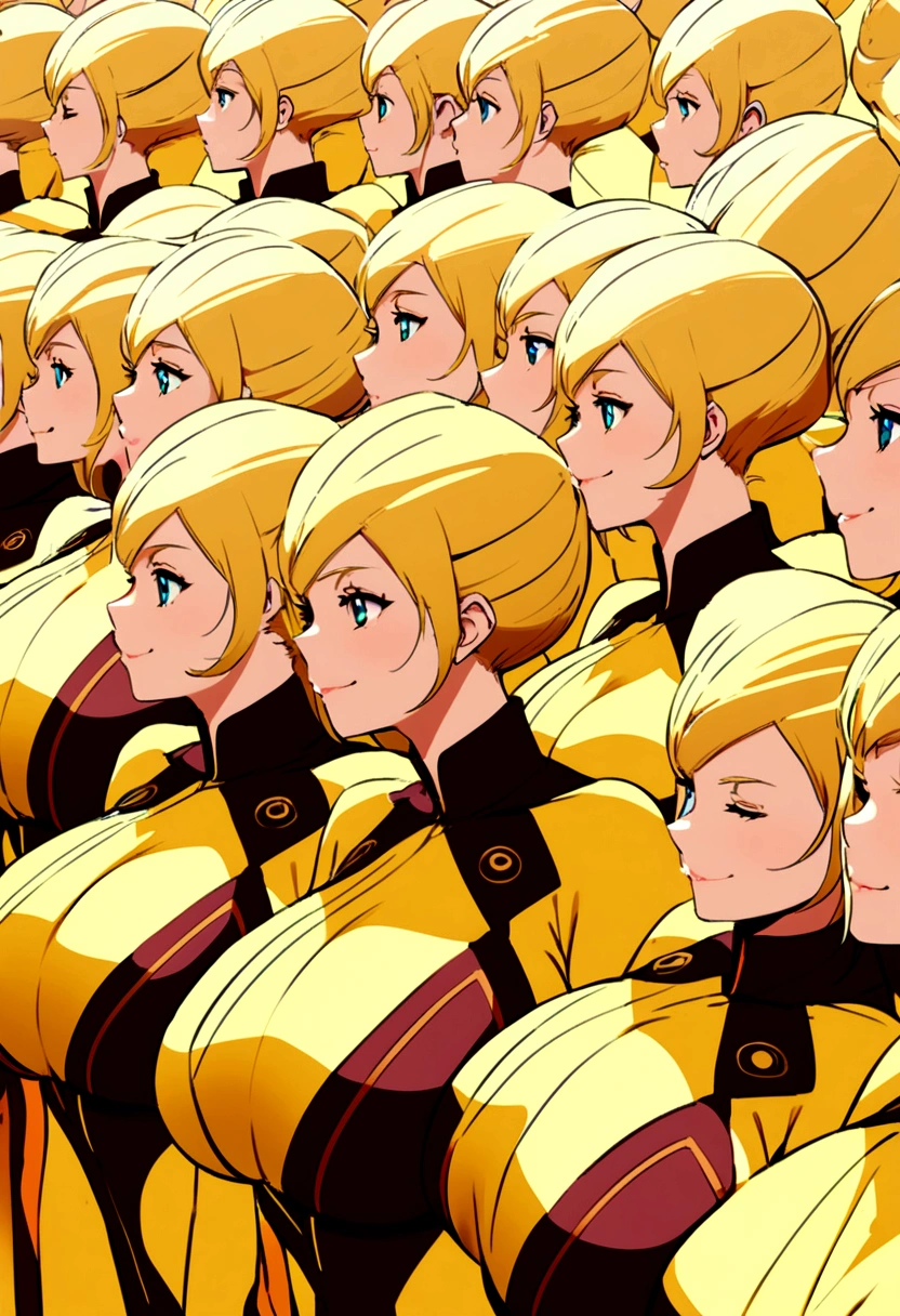 A group of smiling busty blonde clones wearing identical clothing
