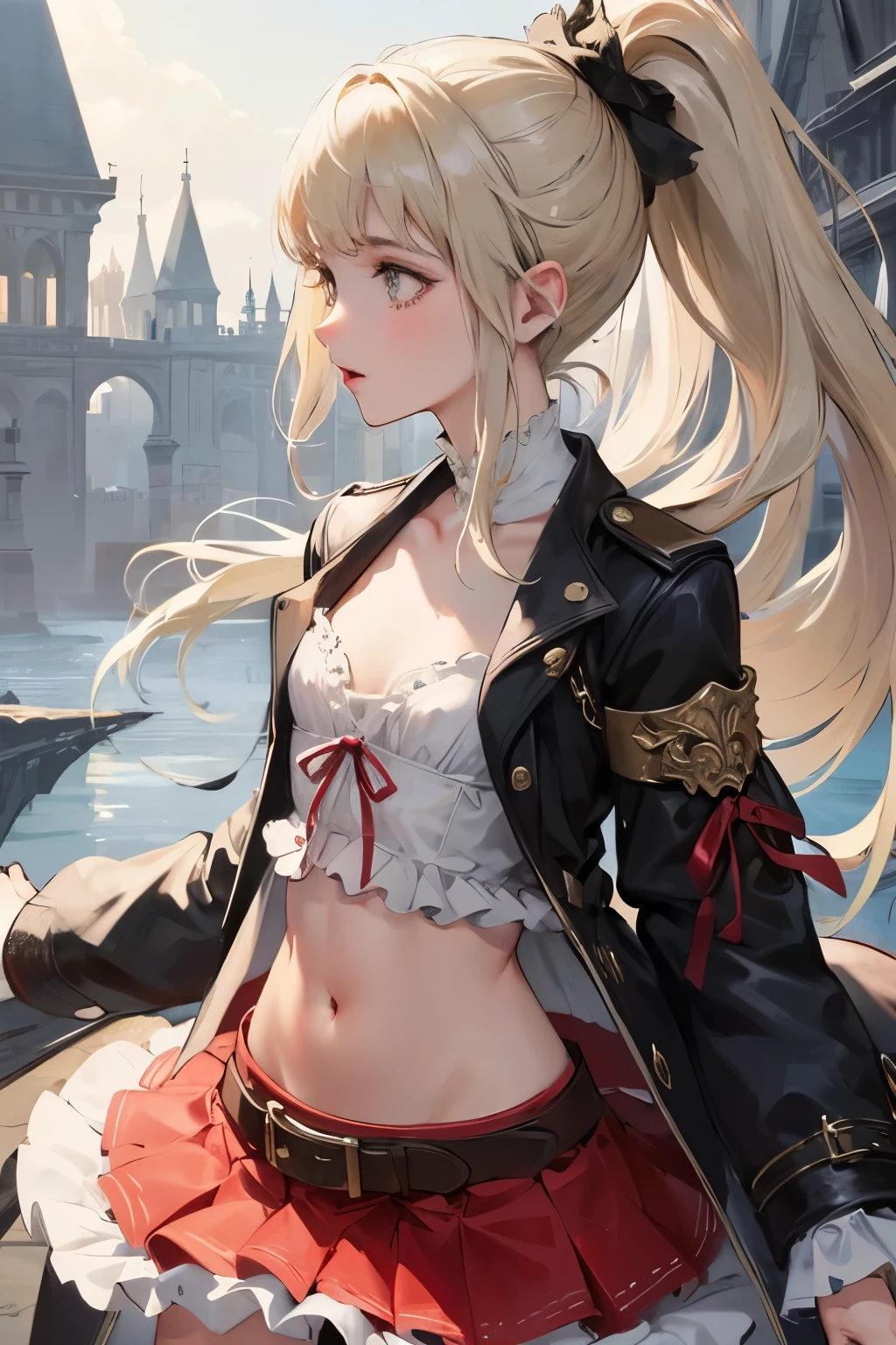 ((best quality)), ((masterpiece)), (detailed), NSFW, small breasts, prominent collarbones, skinny arms, flat stomach, visible hip bones, long hair, red hair, white hair, blonde hair, dark hair, ponytail, thick ponytail, heavy ponytail, red and white clothing, Bloodborne inspired, occult aesthetic, occult, detailed and intricate steampunk and detailed gothic, NSFW Fluttering lace frilly petticoats, pleated petticoats 