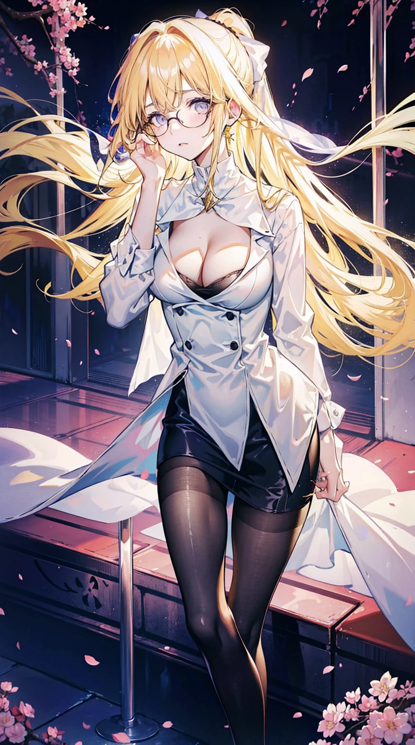 Young and beautiful Kathryn Newton, Glasses, White dress shirt, Very deep neckline, Black Mini Dress, Dark pantyhose, Surreal, , Model figure, Large Breasts, Beautiful breasts, Big Ass, Long hair, Ponytail, Blonde hair, Long legs, 8K, futuristic city, Cherry blossoms, sunrise, LED lighting, Anime style, (((Cleavage))),((Leaning against the wall,Sideways posture))