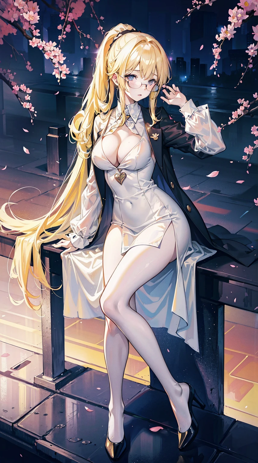 Young and beautiful Kathryn Newton, Glasses, White dress shirt, Very deep neckline, Black Mini Dress, Dark pantyhose, Surreal, , Model figure, Large Breasts, Beautiful breasts, Big Ass, Long hair, Ponytail, Blonde hair, Long legs, 8K, futuristic city, Cherry blossoms, sunrise, LED lighting, Anime style, (((Cleavage))),((Leaning against the wall,Sideways posture))