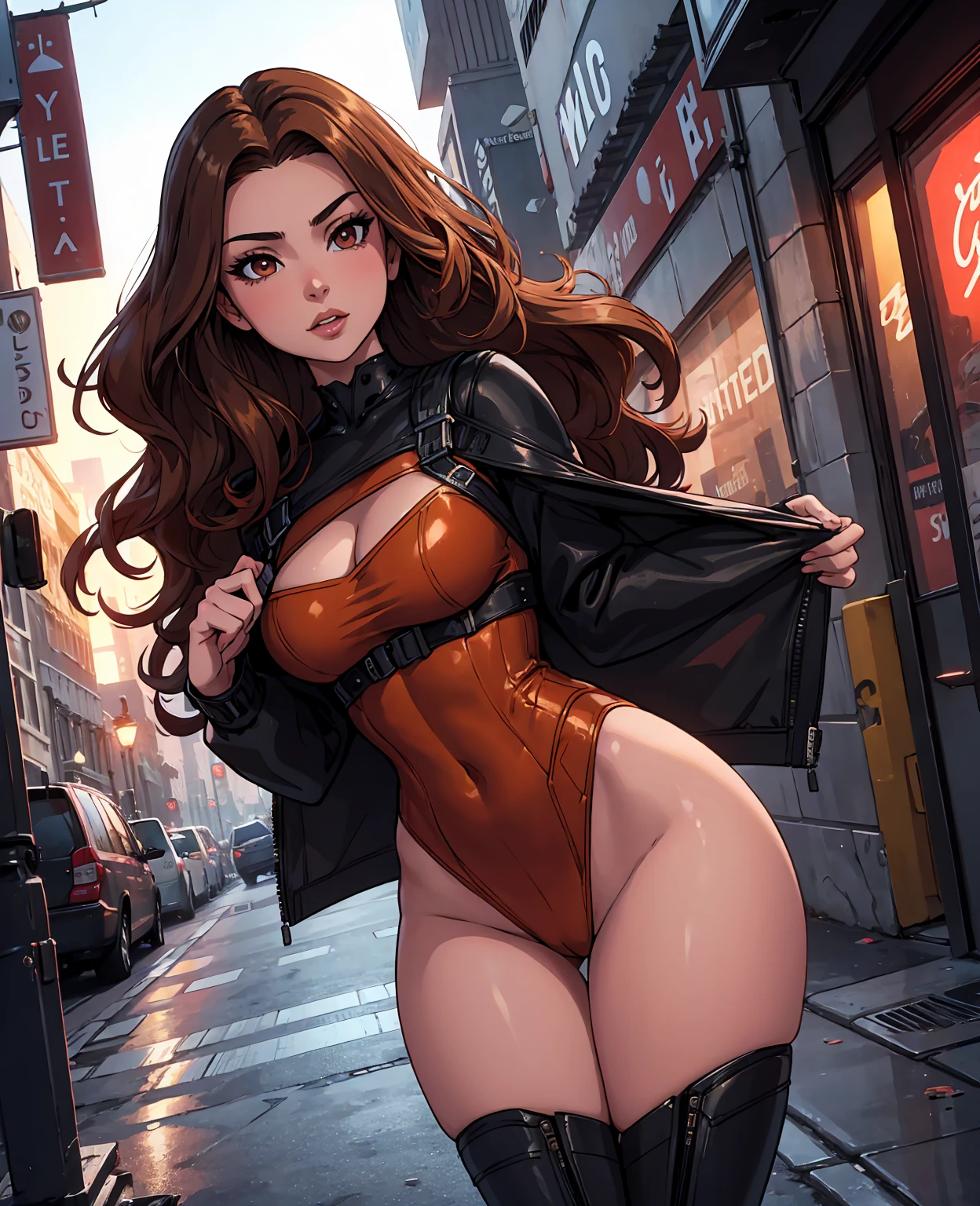a beautiful detailed young woman with long brown hair, stunning ice spice, sexy pose, wearing a revealing outfit, in a dark urban city backdrop, dynamic lighting, cinematic color tones, photorealistic, highly detailed, 8k, best quality
