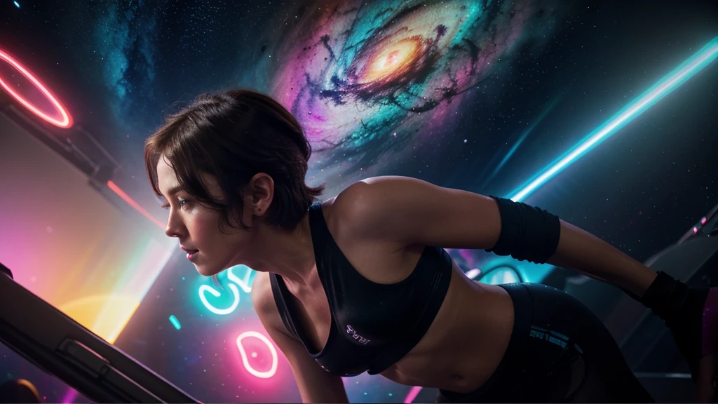 a cute, slender, aerobics instructor, very short brown hair, very short brown hair, very short brown hair, very short brown hair, very short brown hair, brown eyes, dimples, sexy pose; In a kaleidoscopic realm of swirling stardust and neon nebulae, her incandescent form outshines quasars, with obsidian tresses cascading down her silhouette. more neon psychedelic lighting, more neon psychedelic lighting, more neon psychedelic lighting,