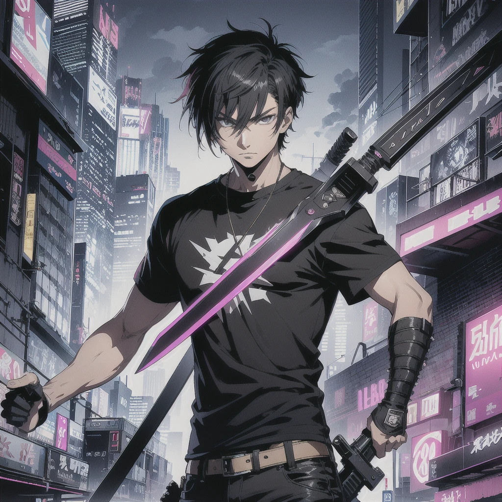 Man, solo, Short hair, Kusanagi Kyo, short, spiky hair with a slightly tousled look, often styled to have a cool, edgy appearance, wearing a black t shirt, long bermuda, sneakers, cyberpunk style, holding a giant sword(neon sword),