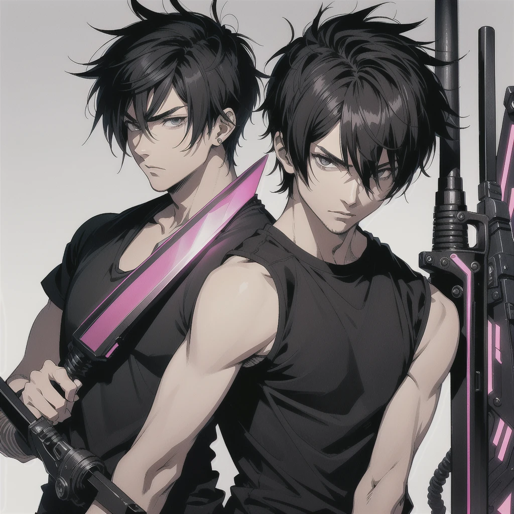 Man, solo, Short hair, Kusanagi Kyo, short, spiky hair with a slightly tousled look, often styled to have a cool, edgy appearance, wearing a black t shirt, long bermuda, sneakers, cyberpunk style, holding a giant sword(neon sword),