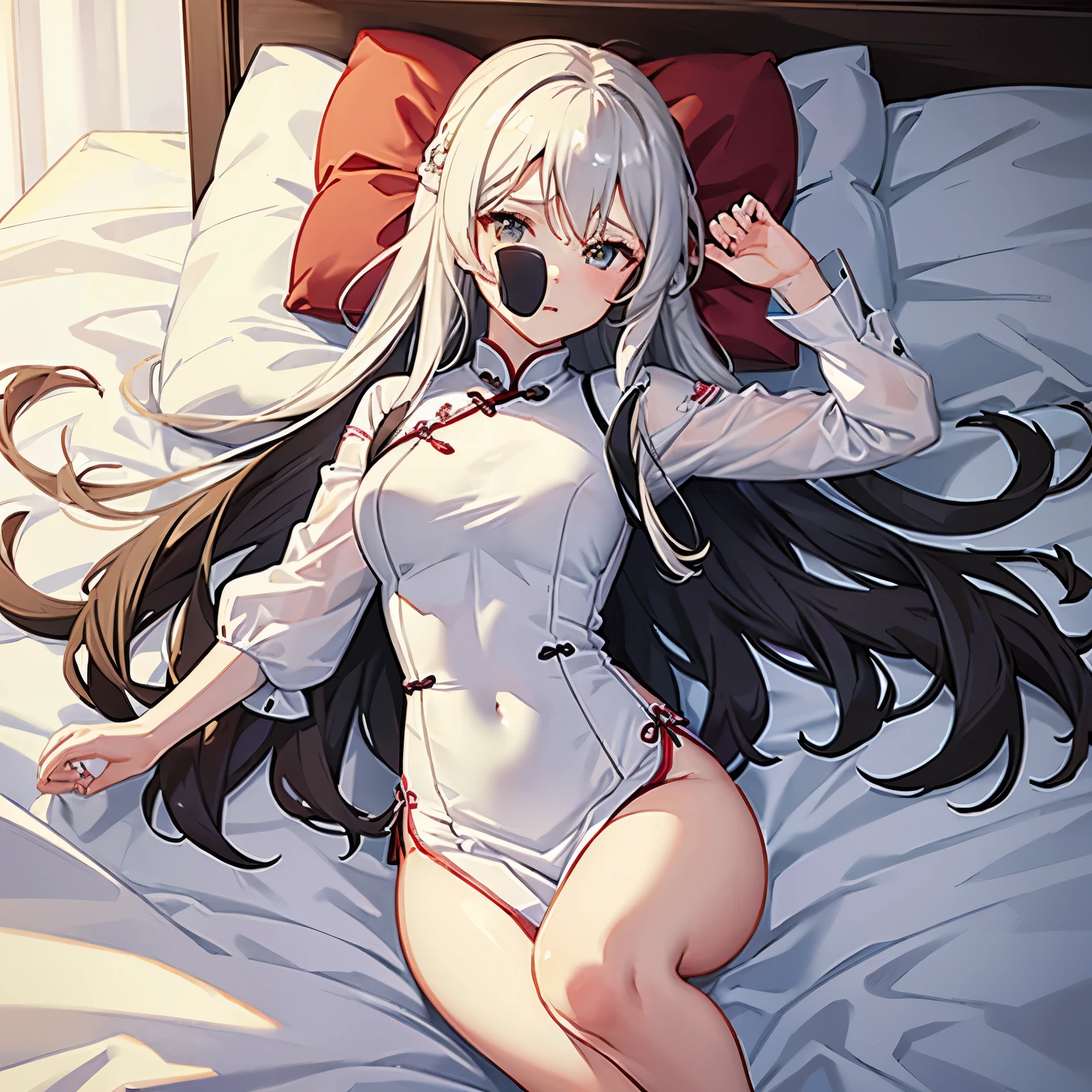 A girl with long white hair wearing cheongsam,Lying in bed,Expose both breasts