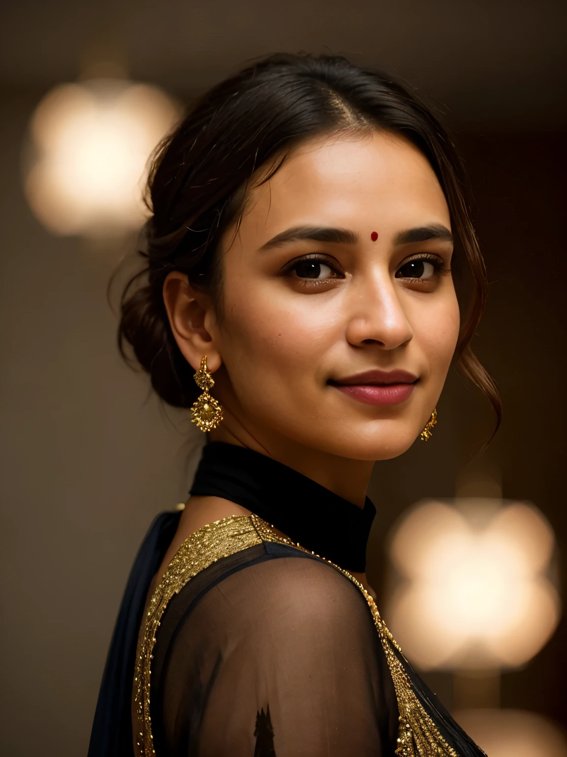 In this photograph, an Indian woman in her mid-30s takes center stage. , styled in a chic and stylish manner, perfectly framing her face. Her highly detailed face exudes confidence and grace, enhanced by a subtle smile. The background showcases a 5-star hotel’s moody private study, evoking a sense of luxury and sophistication. The photograph, captured by Lee Jeffries using a Nikon D850 with a film stock of 4 Kodak Portra 400 and a camera f1.6 lens, displays rich colors, hyper-realistic and lifelike texture, dramatic lighting, and realistic detail.

The woman is wearing a sleek black dress that exudes elegance and sophistication. The dress is tastefully designed, accentuating her stylish look. She completes her ensemble with minimalistic yet striking jewelry, adding to her sophisticated appearance.

The photograph is meticulously captured in 8K resolution using cutting-edge techniques such as Cinema 4D and Octane Render, resulting in a highly detailed and photorealistic image. Studio lighting, HDR, and a smoky mist create a captivating ambiance, while the bokeh effect adds an artistic touch.