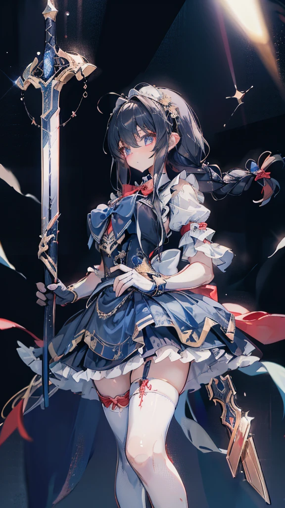 Black-haired girl，Indifferent girl，Golden pupils，Black long hair，braid，braid，脑后braid，Lolita Skirt，Blue Lolita Dress，Lolita style，Blue Skirt，Blue Skirt，Blue Skirt，Blue Skirt，蓝白Lolita Skirt，Blue Dress，Blue Dress，Red bow tie，Red bow tie，Red bow tie，Red bow tie，Red bow tie，单条braid，单条braid，短braid，Repressive style，Garter，Garter，Garter，Large Breasts，Great Sword，手持Great Sword，手持Great Sword，Great Sword