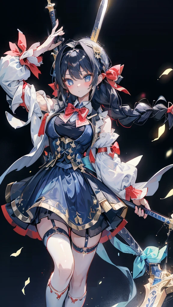 Black-haired girl，Indifferent girl，Golden pupils，Black long hair，braid，braid，脑后braid，Lolita Skirt，Blue Lolita Dress，Lolita style，Blue Skirt，Blue Skirt，Blue Skirt，Blue Skirt，蓝白Lolita Skirt，Blue Dress，Blue Dress，Red bow tie，Red bow tie，Red bow tie，Red bow tie，Red bow tie，单条braid，单条braid，短braid，Repressive style，Garter，Garter，Garter，Large Breasts，Great Sword，手持Great Sword，手持Great Sword，Great Sword