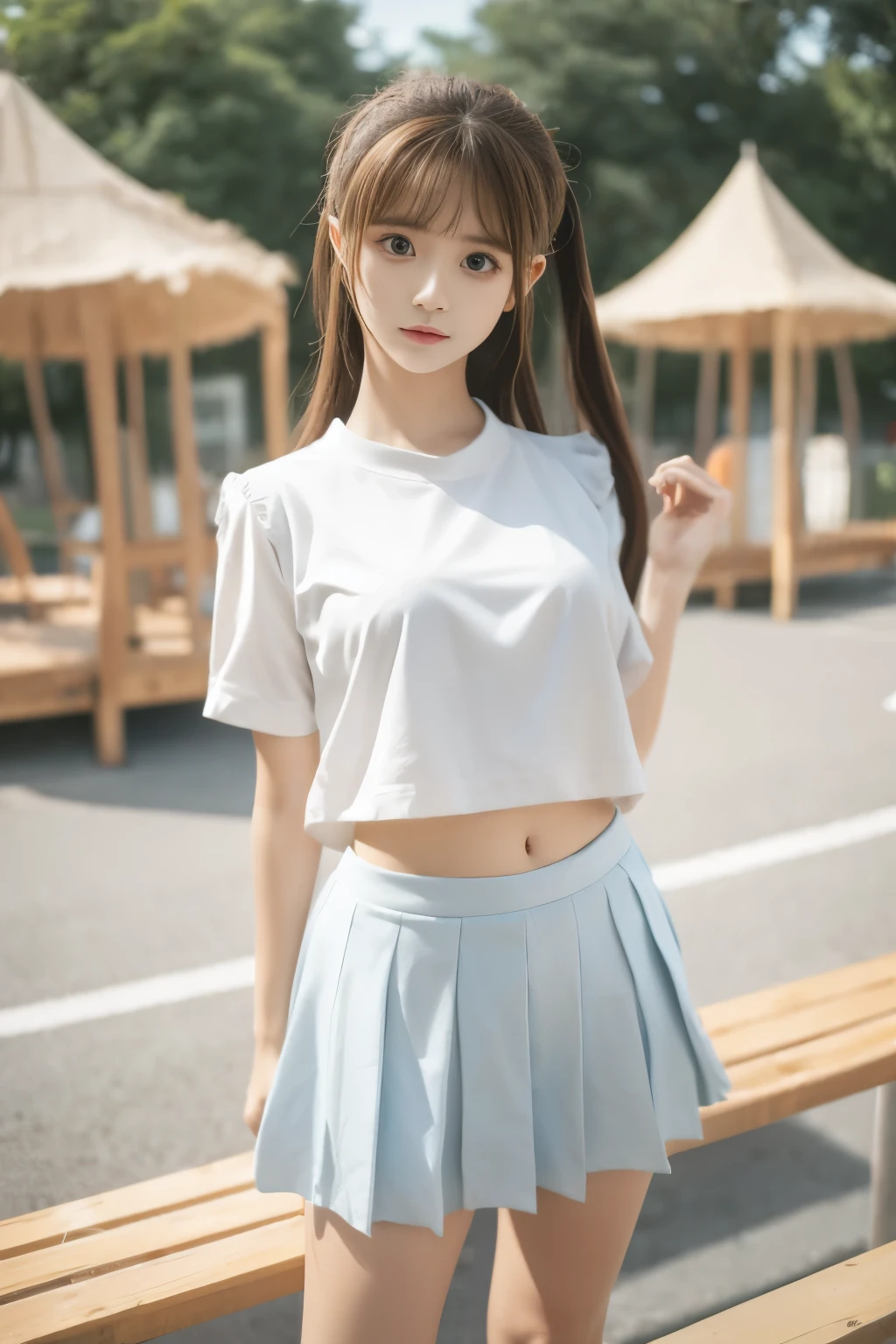 best quality,masterpiece,chunmomo,1girl,looking at viewer, ,pleated skirt,shirt tucked in,tented shirt,in a playground,blur background,background defocus