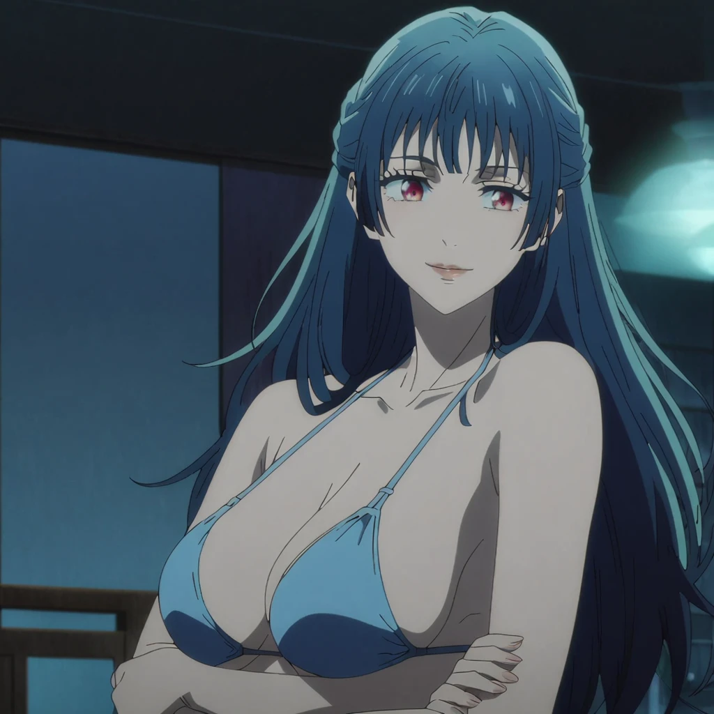 1girl, female gojo satoru, anime screencap from jujutsu kaisen, gojo satoru female version, solo, long_hair, Blue eyes ((Blue_hair)), night view, breasts, upper_body, smile, indoors, book, bangs, red_eyes, lips, (bangs) ((wearing bikini)) breast, "very detailed and high resolution" (Blue eyes) (cross arms)  ((long hair)) ((solo)) (front view)