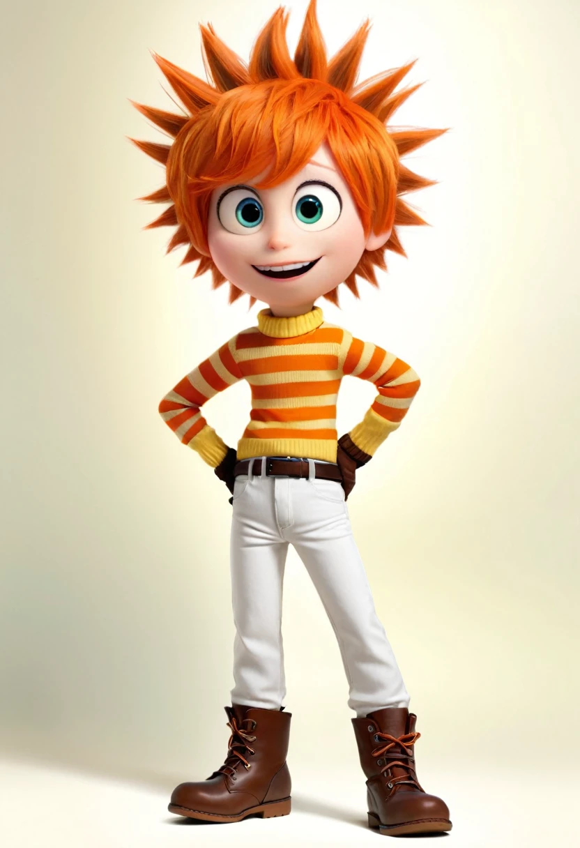Anxious (a boy character in the movie "Inside Out" with orange wig with wild, spiky hair, an orange and white striped sweater, and brown corduroy pants. Accessorize with a brown belt, orange gloves, and a pair of brown boots) is anxious about dont know what to do next, worry about his own life