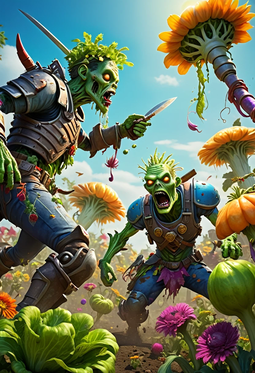 An idyllic battlefield where vibrant, sentient plants and warrior veggies are engaged in a lively battle against quirky zombies. The scene is lush with colorful, blooming flora and whimsical plant characters, including armored veggies, using their unique abilities to fend off the comically menacing zombies. The setting is a sunlit garden with a bright blue sky, creating a striking contrast with the dark, tattered appearance of the zombies. The plants and veggies are in dynamic poses, showcasing their powers and warrior spirit, while the zombies stagger forward with determined expressions. The composition is vibrant and playful, rendered in 3D CGI with photorealistic 8k quality, hyper-detailed textures, and a warm, cheerful color palette, capturing the essence of a fantastical and lighthearted battle.