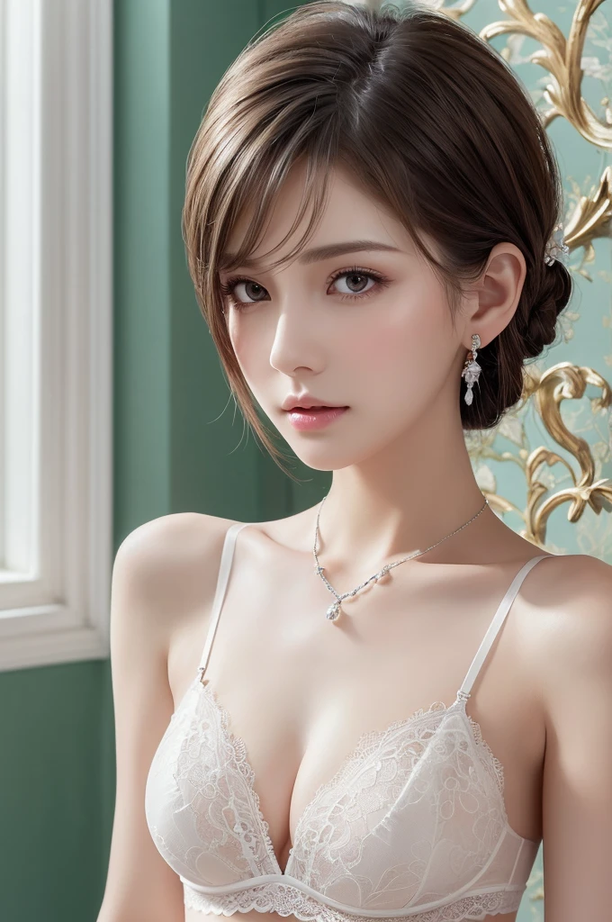 white lace thong bra, (((Very elegant and beautiful, Perfect detail, Super detailed))), whole body, The most detailed girl, Depth of written boundary, 美しく詳細なwhole body, Thin legs, 1 girl, 30 years old, Very short hair, Spiked Hair, Gray and silver hair, Beautiful detailed hair, Perfect Face, Expressionless, Beautifully detailed deep eyes, Open your mouth a little, Delicate arms and hands, Pale skin, Earrings, Beautiful and gorgeous necklace, Colorful background, HD background, Blurred Background, Very delicate and beautiful, Masterpiece, (((Highest quality, Very beautiful 8K CG wallpaper))), (((Trendy hairstyles))), (Inside the room,Stylish interior,window),