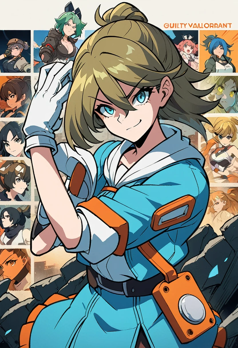 anime girl in a blue jacket and skirt holding a cell phone, anya from spy x family, guilty gear art style, sage ( valorant ), female protagonist 👀 :8, badass pose, from overwatch, as an overwatch character, guilty gear strive splash art, female anime character, guilty gear strive graphics, dramatic smirk pose, cel - shaded art style