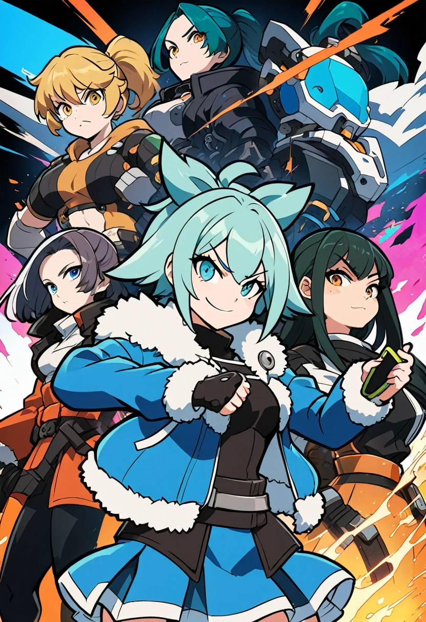 anime girl in a blue jacket and skirt holding a cell phone, anya from spy x family, guilty gear art style, sage ( valorant ), female protagonist 👀 :8, badass pose, from overwatch, as an overwatch character, guilty gear strive splash art, female anime character, guilty gear strive graphics, dramatic smirk pose, cel - shaded art style