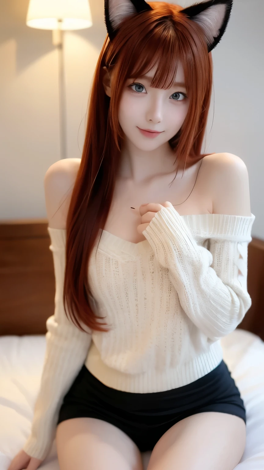 ((best quality)), ((​masterpiece)), (Detailed), 1 Frau, middle age, 26 years old, Foto shooting, cheerfuler Gesichtsausdruck, katzen ohren, nekomimi, Cat Woman, aroused,  cheerful, Neckline, Collar with brand, Plus Size Sweaters, Sweater slips easily from the shoulder, knee socks, comfortable shorts, tousled red hair, Back long hair, blue eyes, small breasts, sitting on the bed, legs apart, Bedroom, erotic atmosphere ,(red hair), (cat ears),