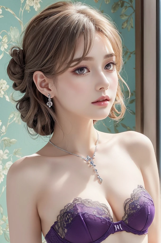 darkpurple lace thong bra, (((Very elegant and beautiful, Perfect detail, Super detailed))), whole body, The most detailed girl, Depth of written boundary, 美しく詳細なwhole body, Thin legs, 1 girl, 30 years old, Very short hair, Spiked Hair, Gray and silver hair, Beautiful detailed hair, Perfect Face, Expressionless, Beautifully detailed deep eyes, Open your mouth a little, Delicate arms and hands, Pale skin, Earrings, Beautiful and gorgeous necklace, Colorful background, HD background, Blurred Background, Very delicate and beautiful, Masterpiece, (((Highest quality, Very beautiful 8K CG wallpaper))), (((Trendy hairstyles))), (Inside the room,Stylish interior,window),
