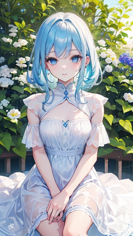 (best quality,4K,high resolution,Extremely detailed,Practical:1.2),,Light blue hair, beautiful blue eyes,Beautiful and delicate lips , Friendly Smile,garden , flat chest , whole body , Adult girl , looking into camera , White dress