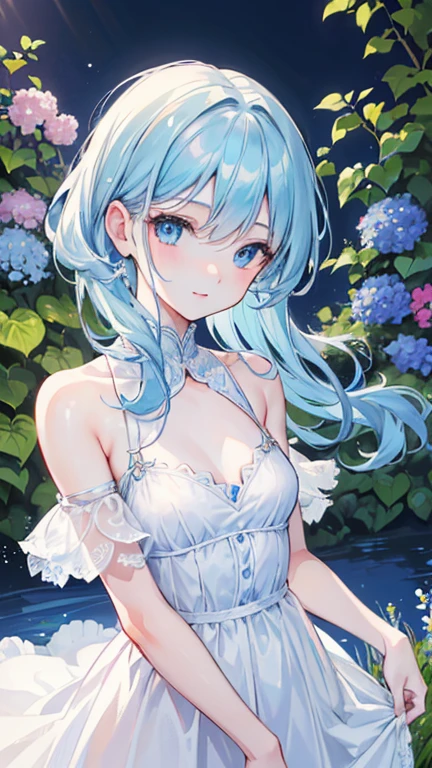 (best quality,4K,high resolution,Extremely detailed,Practical:1.2),,Light blue hair, beautiful blue eyes,Beautiful and delicate lips , Friendly Smile,garden , flat chest , whole body , Adult girl , looking into camera , White dress
