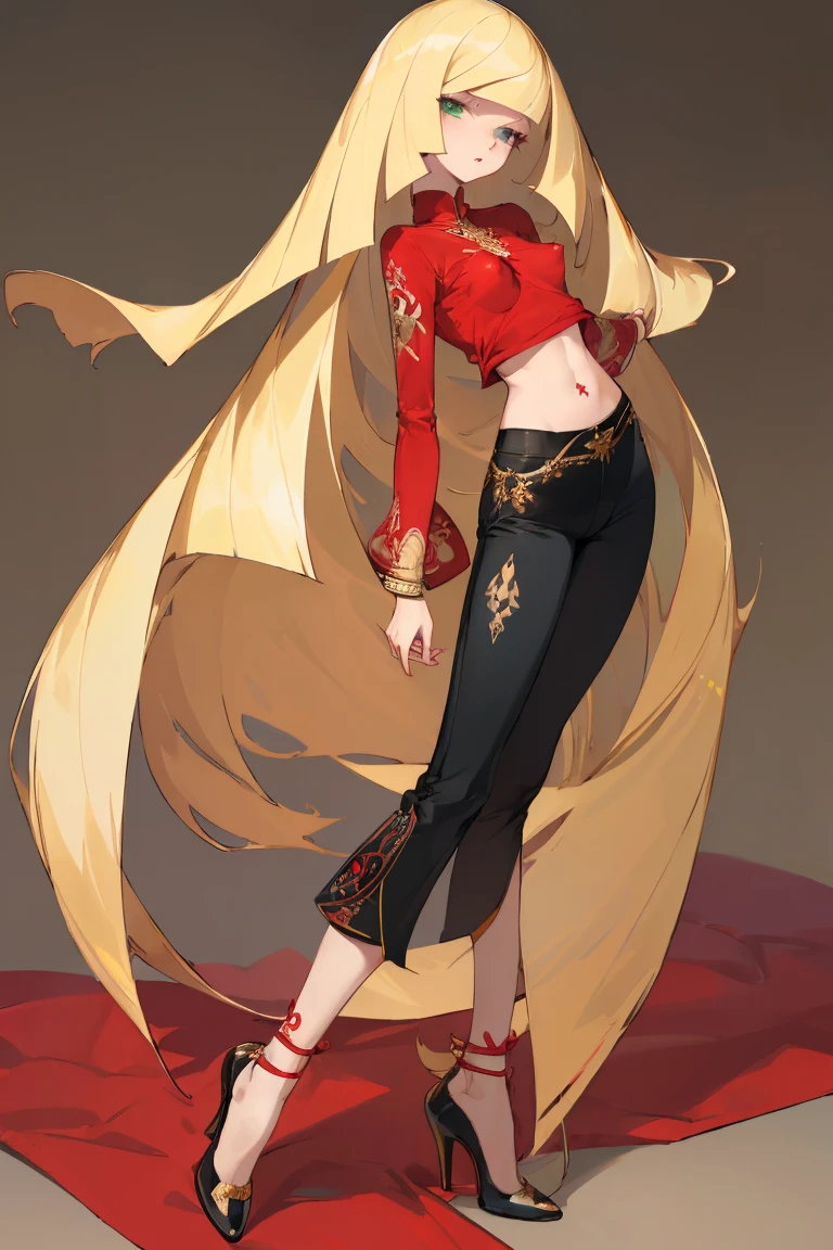 ((highest quality)), ((masterpiece)), (Familiar), Lusamine,nsfw,thin,Long Blonde Hair,Small breasts,Small breasts,Erect nipples,Adult female,Green Eyes,Slanted Eyes,Sleeveless dress,Gorgeous red dress,Gold embroidery,High heels,Fascinating,White pants
