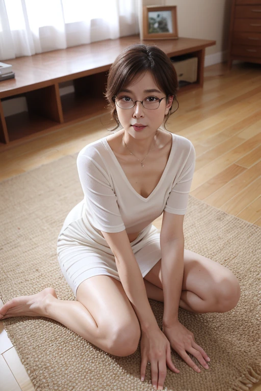 Highest quality、masterpiece、High sensitivity、High resolution、Detailed Description、Bewitching Woman、Slim Body、Glasses、Cleaning the living room、Crouch down、Wipe the floor with a cloth、