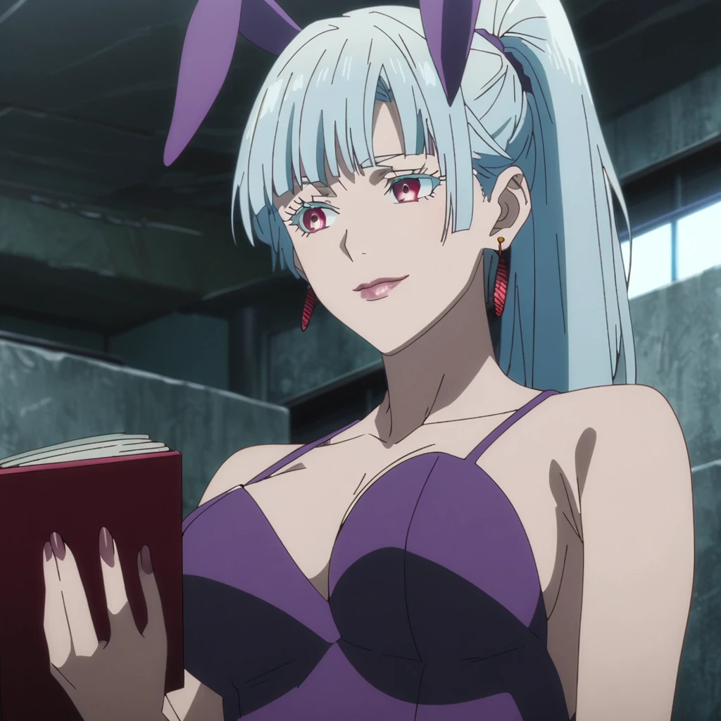 1girl, female gojo satoru, anime screencap from jujutsu kaisen, gojo satoru female version, solo, long_hair, Red eyes (silver_hair)), (hanging breasts) upper_body, smile, indoors, book, red_eyes, lips, ( ponytail) ((wearing bunny outfit ) breast, "very detailed and high resolution" (Red eyes)  ((solo)) (earings) ((high resolution)) ((good quality)) ((side bangs)) (sitting)