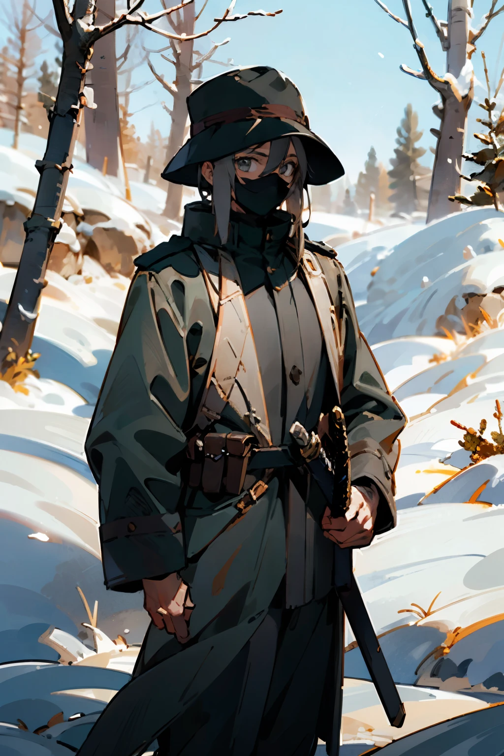 ((Best quality)), ((masterpiece)), (detailed), 1 guy, anime style, no faces visible, desert hat, winter military coat black, Sword in the sheath, winter forest