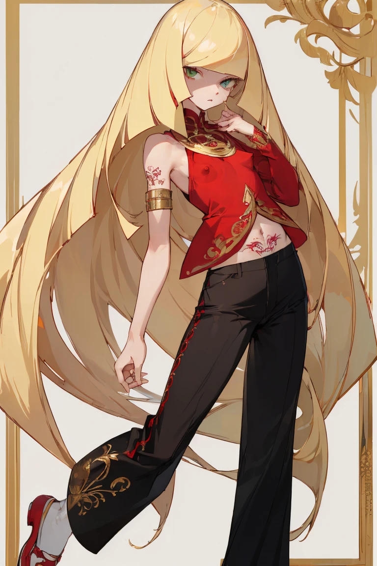 ((Highest quality)), ((masterpiece)), (Familiar), Lusamine,nsfw,Tattoo of the uterus,thin,Long blonde hair,Small breasts,Small breasts,Erect nipples,Adult female,Green Eyes,Slanted Eyes,Red Shirt,No sleeve,Gold embroidery,shoes,Fascinating,Black pants