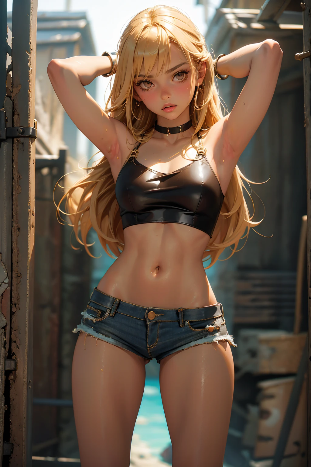 age girl-model 18 years old, hot slave naughty girl, beautiful, too much tanned, blonde, bob hair, bangs, brown eyes, beautiful figure, girl wearing crop shirt and short shorts, beautiful too much long legs, bracelets, handcuffs and shackles, slave choker, manicure, cute makeup, sweaty armpits, flirtatiously posing, hot summer, hot flirty, sexy posing, summer outfit, top quality, higest quality, pin-up style, retro 80s style, Daisy Dukes style, American style 80s,