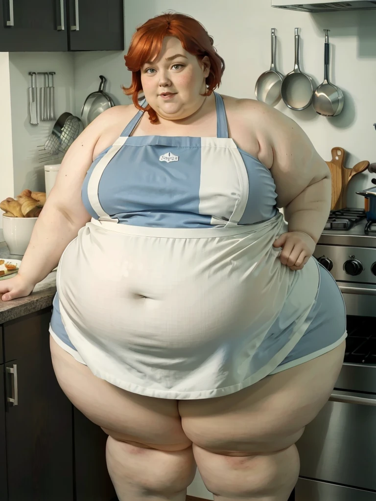 A muffin-baking photo of a middle-aged beautiful bottom heavy tradwife redhead ssbbw with pear-bodyhape, extreme wide hips, with short ginger hair soft fat belly, extremely wide fat obese hips, very obese legs, thick fat wide legs and fat arms, huge wide butt, cute pretty face, small breasts, blue eyes, freckles, in a long cooking apron in a kitchen, there is a plate of muffins on the desk