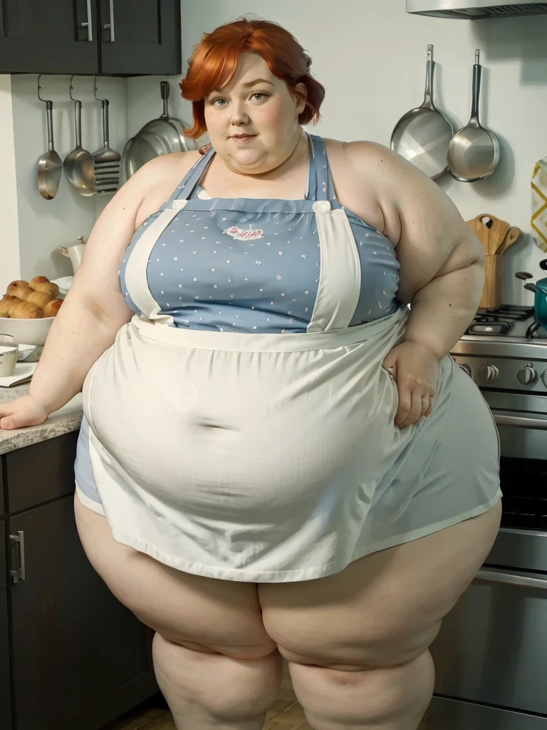 A muffin-baking photo of a middle-aged beautiful bottom heavy tradwife redhead ssbbw with pear-bodyhape, extreme wide hips, with short ginger hair soft fat belly, extremely wide fat obese hips, very obese legs, thick fat wide legs and fat arms, huge wide butt, cute pretty face, small breasts, blue eyes, freckles, in a long cooking apron in a kitchen, there is a plate of muffins on the desk