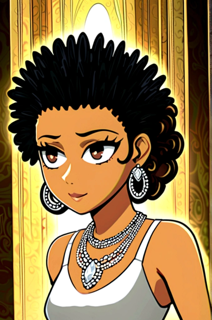 Create a cartoon-style image of a beautiful teenage girl with curly blonde hair, wearing feminine clothing, a diamond necklace, and diamond earrings