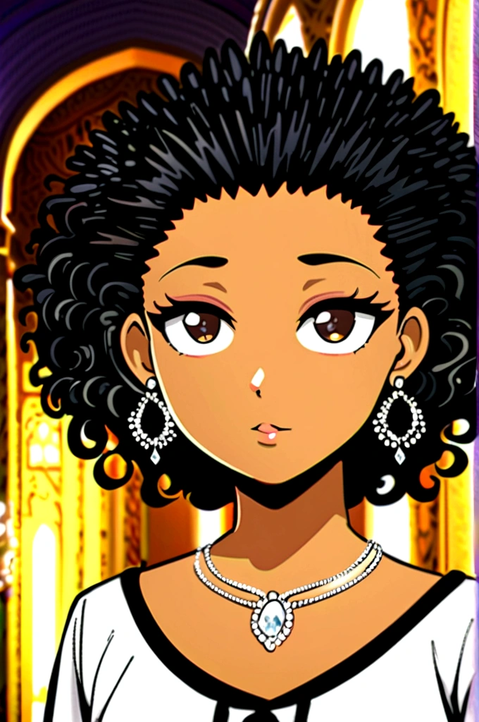 Create a cartoon-style image of a beautiful teenage girl with curly blonde hair, wearing feminine clothing, a diamond necklace, and diamond earrings