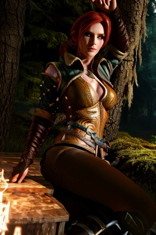 Tris Merigold in a hunting outfit seductively in a dark forest, looks like a whore porn hentai art 3D