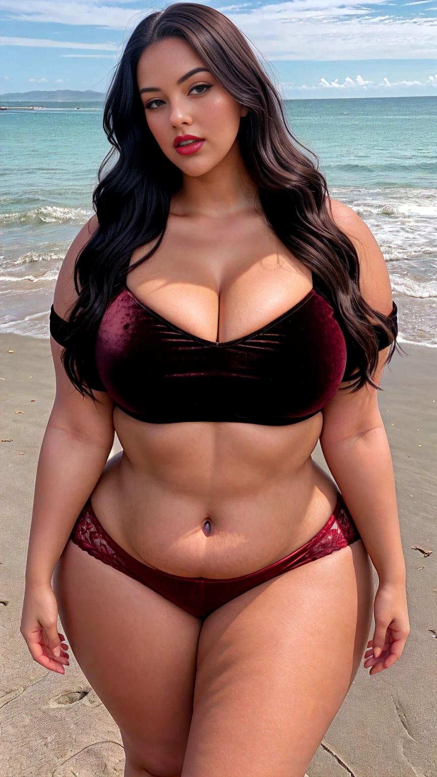 there is a Indian gorgeous American curvy plus size model Natalia Lozano in a red velvet shorts and black velvet cropped top and red lipstick standing in the roadside of a sea beach , angelawhite, alluring plus sized model, bbwchan, bbw, thicc, curvy model, full body, malika favre, a full body image of a plump woman, thick thighs, bigger hips, bigger waist, busty, beautiful thick female, close up full body shot, sexy girl, 30 years old, curvy, full body shot,