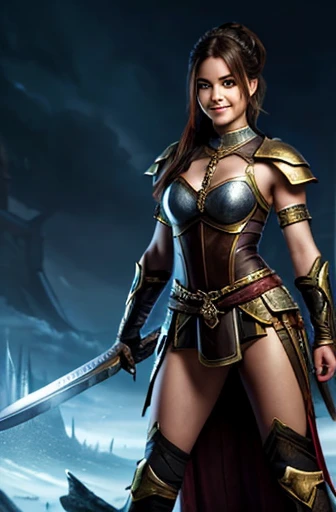 A fantasy female warrior, a sword in her hand, a serious smile, a glint of humor in her eyes, lovely person, attractive, full body