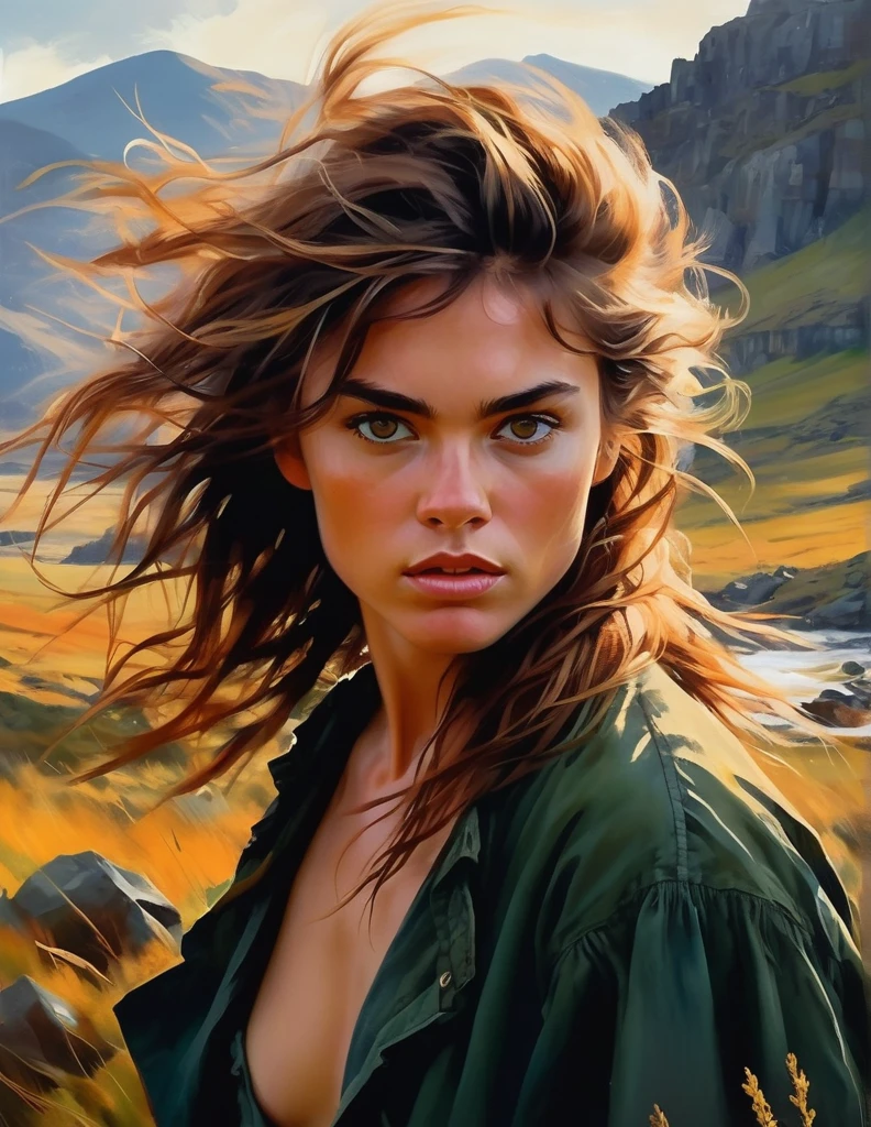 A wild and untamed beauty with windswept hair and feral eyes, set against a backdrop of untamed wilderness and rugged landscapes. Rendered in the style of Romanticism, her form is dynamic and expressive, with bold brushstrokes and dramatic lighting that capture the raw power of nature.