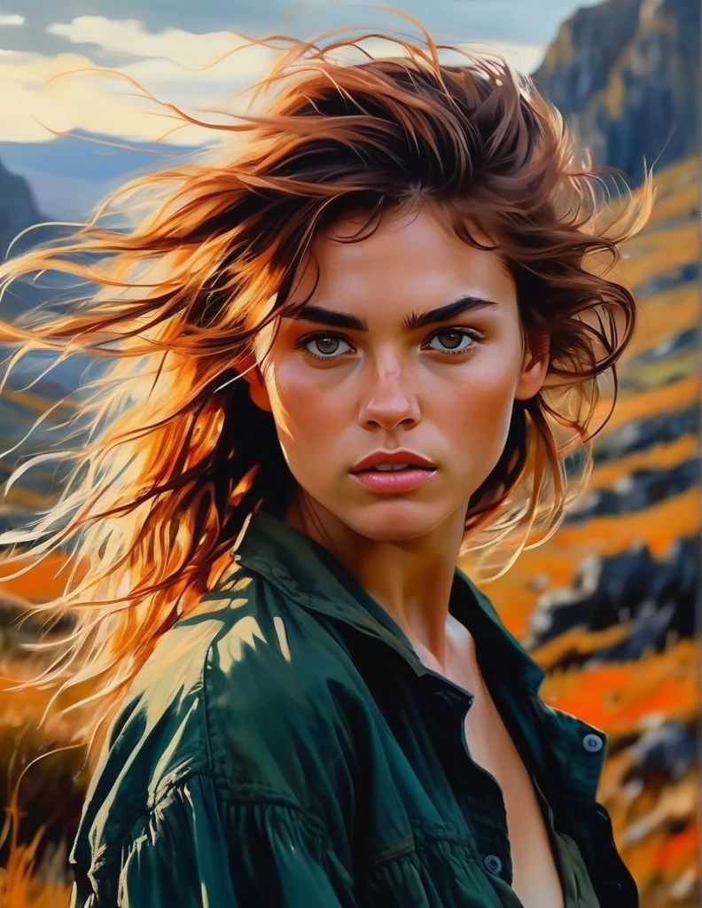 A wild and untamed beauty with windswept hair and feral eyes, set against a backdrop of untamed wilderness and rugged landscapes. Rendered in the style of Romanticism, her form is dynamic and expressive, with bold brushstrokes and dramatic lighting that capture the raw power of nature.