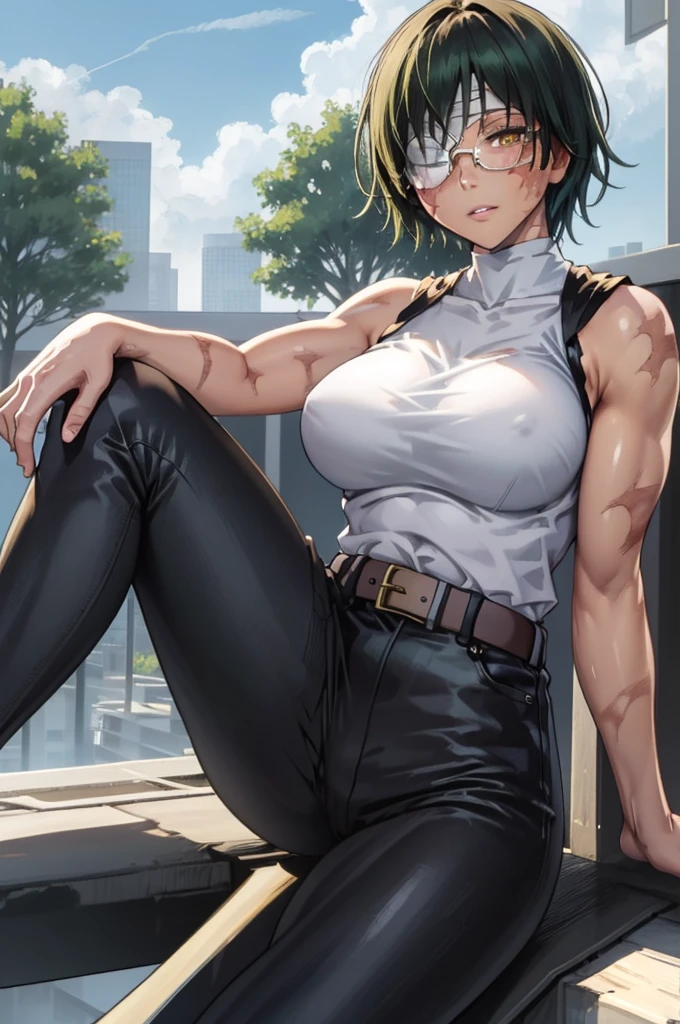 MakiShS1, solo, scar, short hair, 1girl, scar on face, looking at viewer, glasses, burn scar, green hair, sleeveless, belt, pants, bangs, cowboy shot,  shirt, muscular, bandages, round eyewear, bandage over one eye, breasts, bare shoulders, closed mouth, muscular female, turtleneck, yellow eyes, black pants, black shirt, scar on arm, parted lips, black clothes, sleeveless shirt, large breasts, high-waist pants, outdoors, sky, blue sky, clouds, trees, buildings,   sitting, sitting in, girl sitting, BREAK
masterpiece, best quality, highly detailed background, perfect lightingbest quality, ((shiny skin, glossy skin, detailed skin))