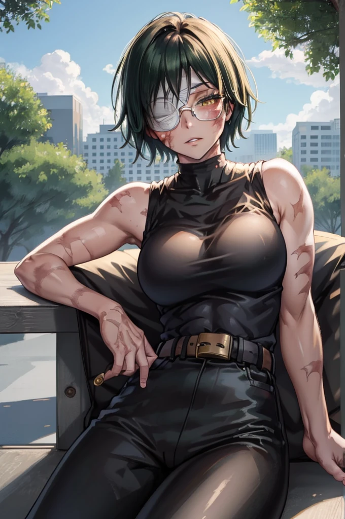 MakiShS1, solo, scar, short hair, 1girl, scar on face, looking at viewer, glasses, burn scar, green hair, sleeveless, belt, pants, bangs, cowboy shot,  shirt, muscular, bandages, round eyewear, bandage over one eye, breasts, bare shoulders, closed mouth, muscular female, turtleneck, yellow eyes, black pants, black shirt, scar on arm, parted lips, black clothes, sleeveless shirt, large breasts, high-waist pants, outdoors, sky, blue sky, clouds, trees, buildings,   sitting, sitting in, girl sitting, BREAK
masterpiece, best quality, highly detailed background, perfect lightingbest quality, ((shiny skin, glossy skin, detailed skin))