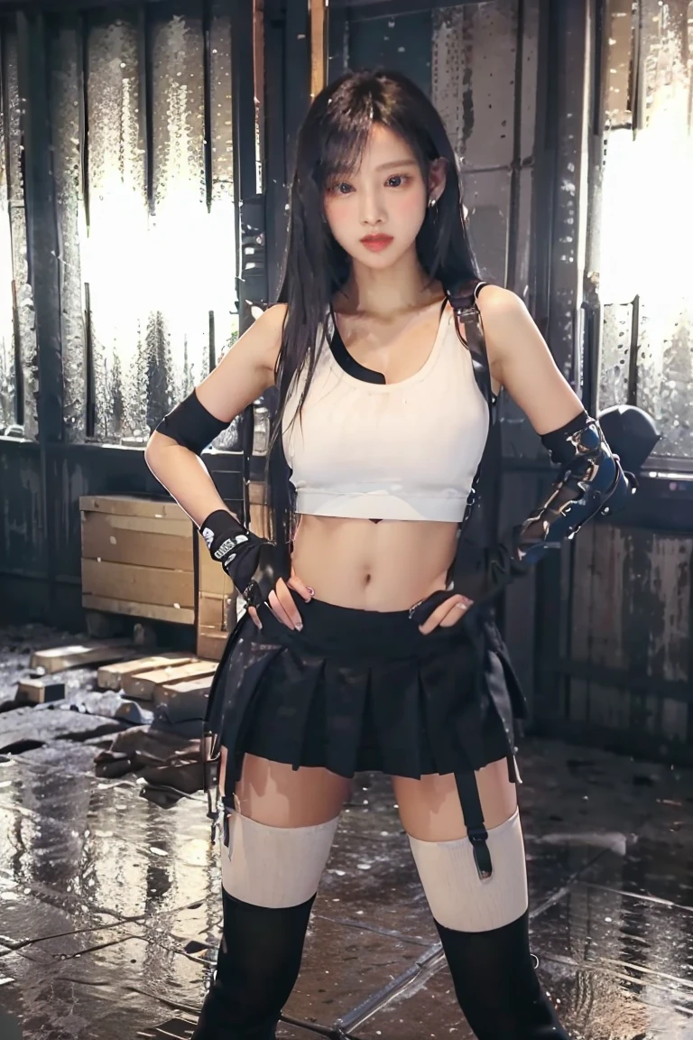 (8K、RAW Photos、Highest quality、masterpiece:1.2)、(Realistic、Realistic)、1 Girl、((White tank top、Arm Covers、gloves、Knee socks、garter belt、boots、Black mini skirt、belly button、underground warehouse、Stand with hands on hips))、