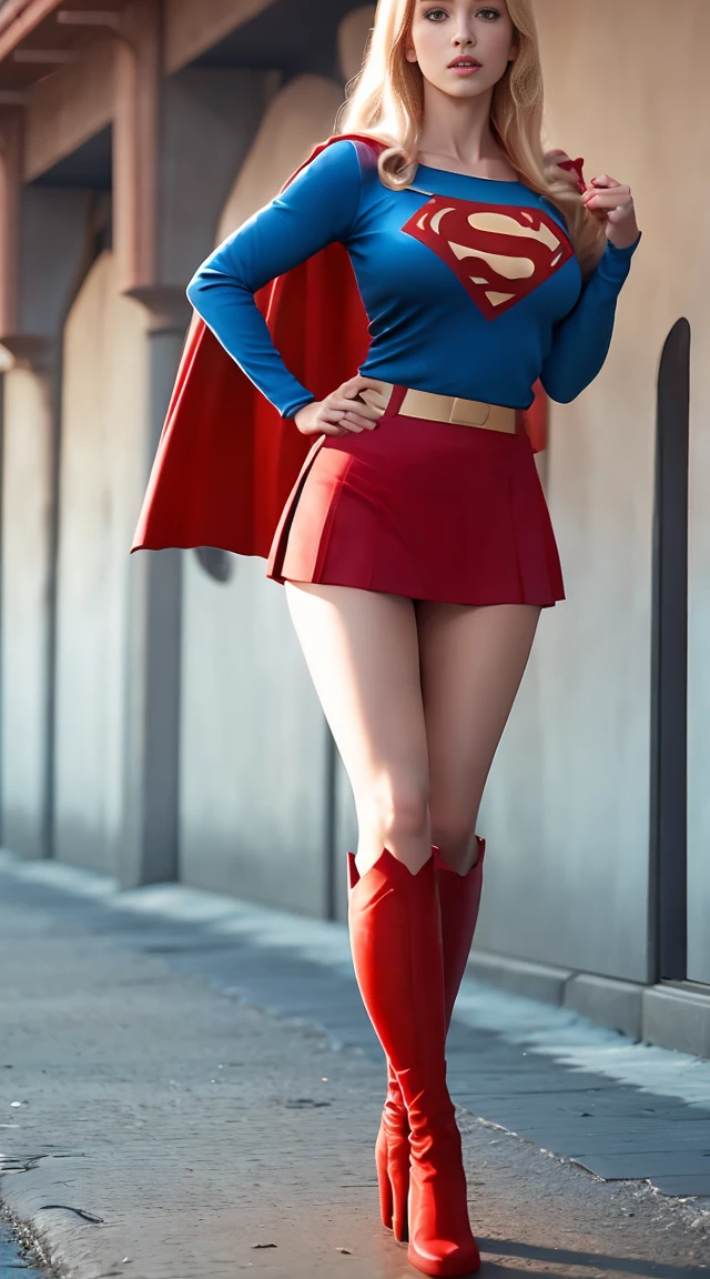 A sexy girl with big breasts, athletic body, a super girl outfit, blue blouse, red skirt, red boots, blonde hair, red cape 