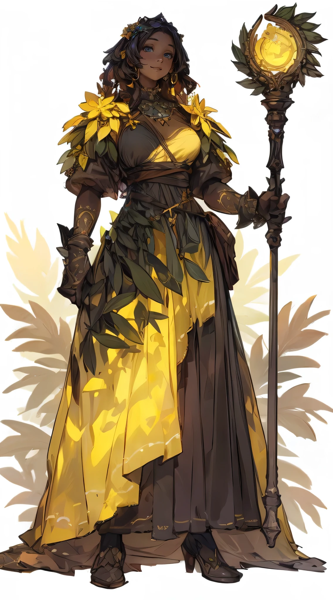 A celestial nymph, beauty with flower petals for hair, flower-colored eyes, leaf-shaped, delicate porcelain skin, graceful pose, elegant flowing dress, intricate flower crown, ethereal glowing aura, serene expression, hyper-detailed, 8k, masterpiece, magical realism, fantasy, vibrant colors, soft lighting