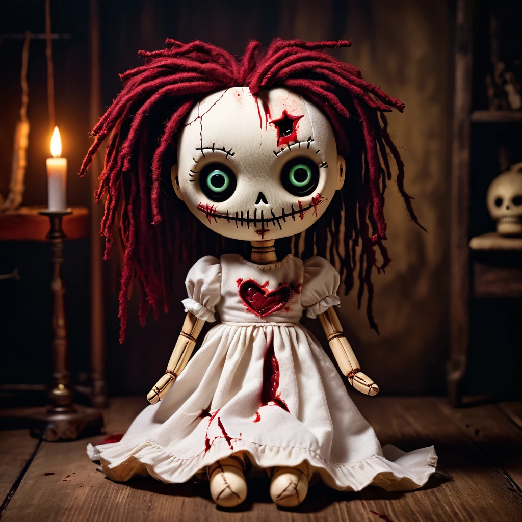 (knitted toy voodoo doll:1.6), (cursed scary voodoo doll:1.3), (clothes: torn white dress with dark blood stains:1.4), (one arm is torn off and hanging on threads:1.3), (sinister eyes and smile:1.3), (background: ghostly nursery in the dark, creepy lullabies and an atmosphere of horror and fear:1.2), best quality, masterpiece, detailed soft oil painting, detailed background, dramatic cinematic lighting, soft edge lighting, professional, dramatic lighting, hard edge lighting, ultra quality, 4k, masterpiece, best quality, 8k, ultra high definition, high resolution, extremely detailed
