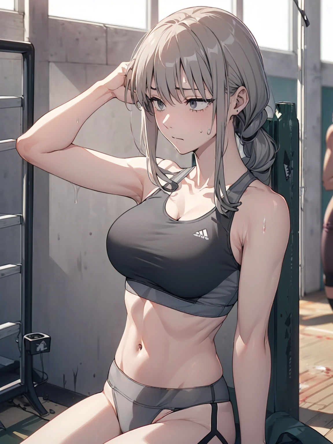 (Sweat, White skin:1.5、Light gray sports bra, Black stained clothing:1.5), cameltoe, Brand logo on the bra, Fitness, Bodybuilding Poses, ((ブラにSweat染み:1.5, Sweatで濡れている, Sweat染み, stain on grey sports bra:1.5)),Big Breasts, Sturdy body